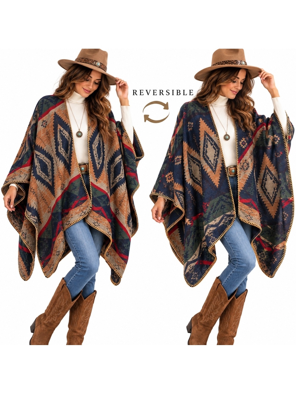 Urban Coco Reversible Southwestern Serape Poncho Cape Boho Western One Size